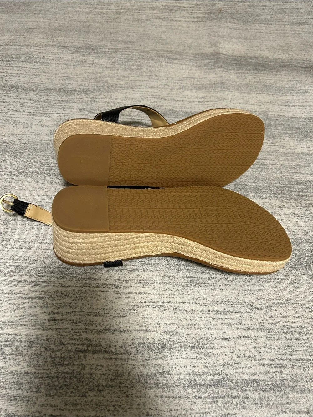Michael Kors Black Leather Espadrille Wedge Sandals with Gold MK Accent